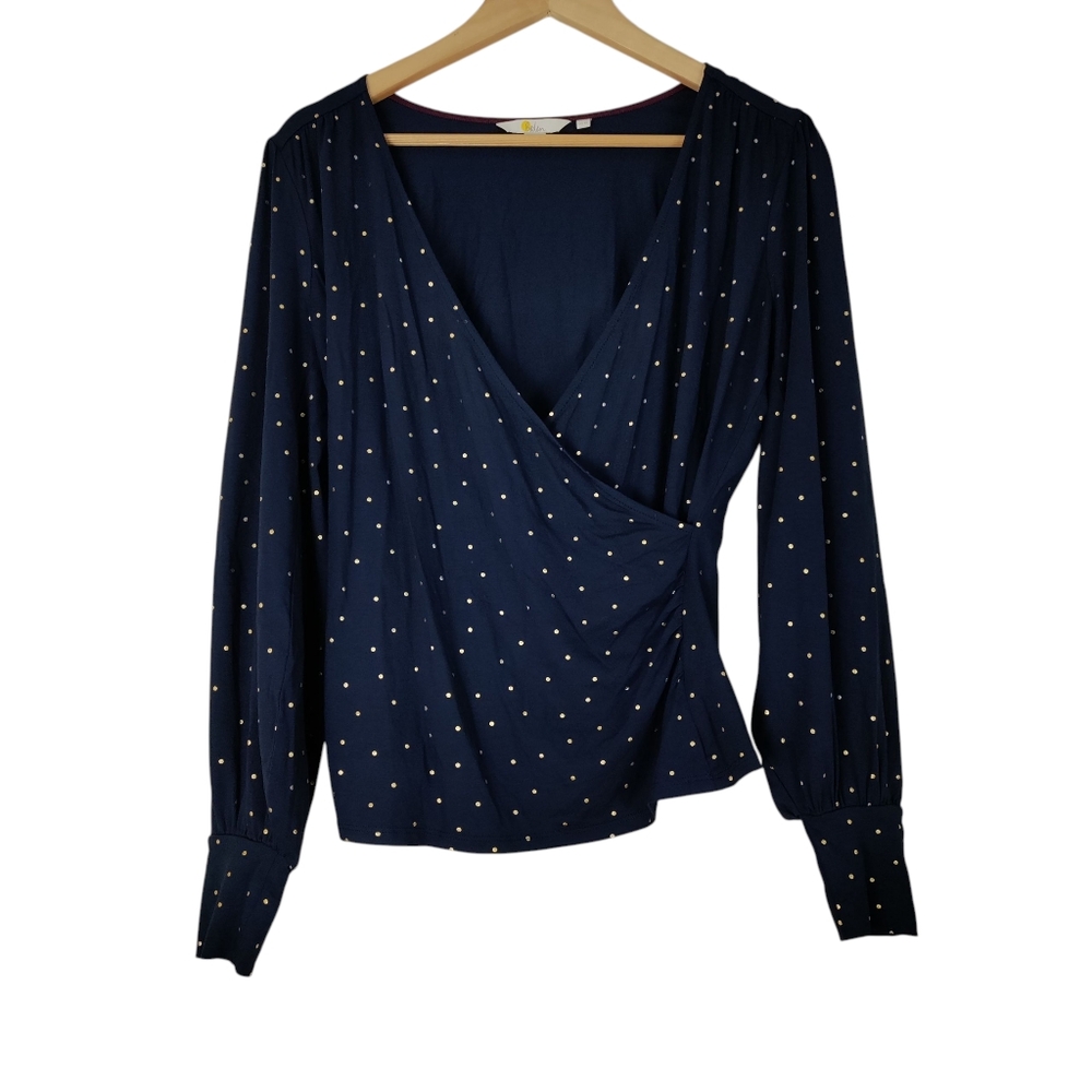 Boden Navy Long Sleeve Faux Wrap Gold Polka Dots Size 10 Pullover Blouse Top